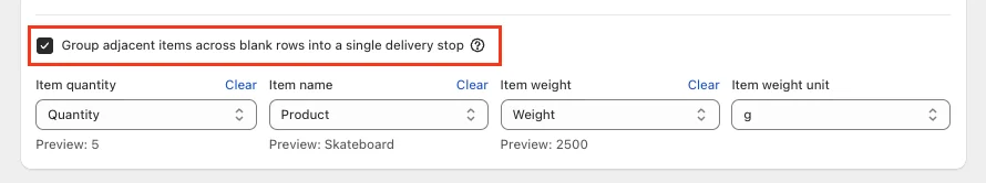 The CSV import mapping with the Group adjacent items checkbox outlined in red and item quantity, name, weight and weight unit mapped to columns