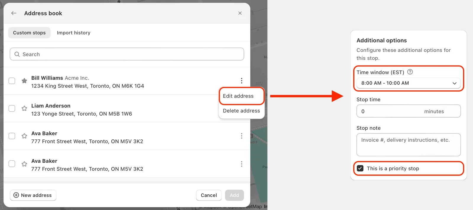 The Address book with Edit address circled in an entry’s menu, and an arrow to the Additional options panel with Time window and This is a priority stop circled