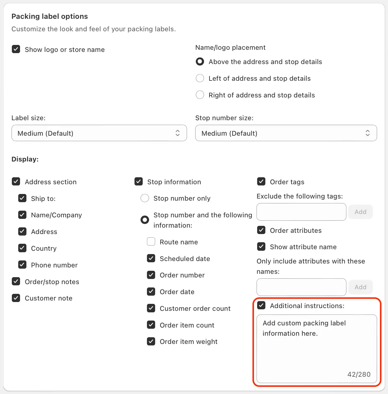 The Packing label options section with the Additional instructions checkbox and its text box circled, holding sample label text