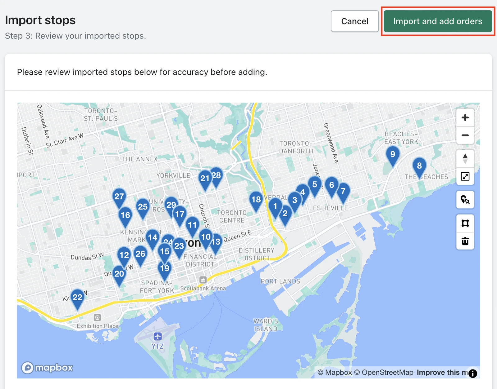 The Import stops review step with 29 imported stops pinned across a Toronto map and the Import and add orders button highlighted