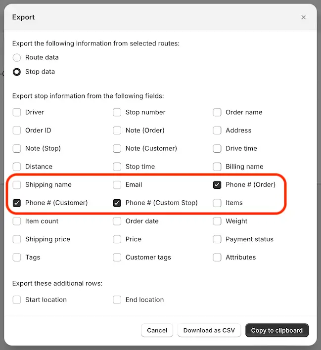 The Export dialog with the Phone # (Order), Phone # (Customer) and Phone # (Custom Stop) fields ticked and circled in red