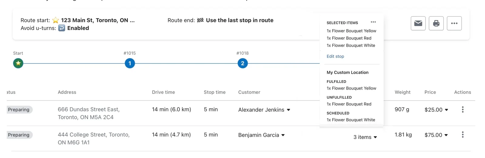 A route's stop list with an items panel open, showing a stop's flower bouquets split into Fulfilled, Unfulfilled and Scheduled