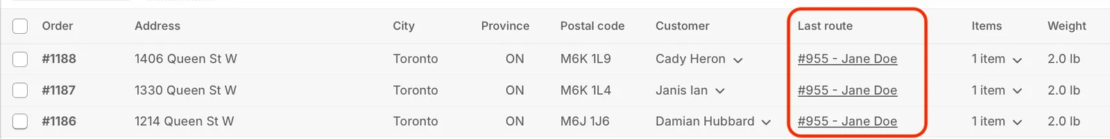 The EasyRoutes Orders table with the new Last route column circled, each order linking to route #955 - Jane Doe