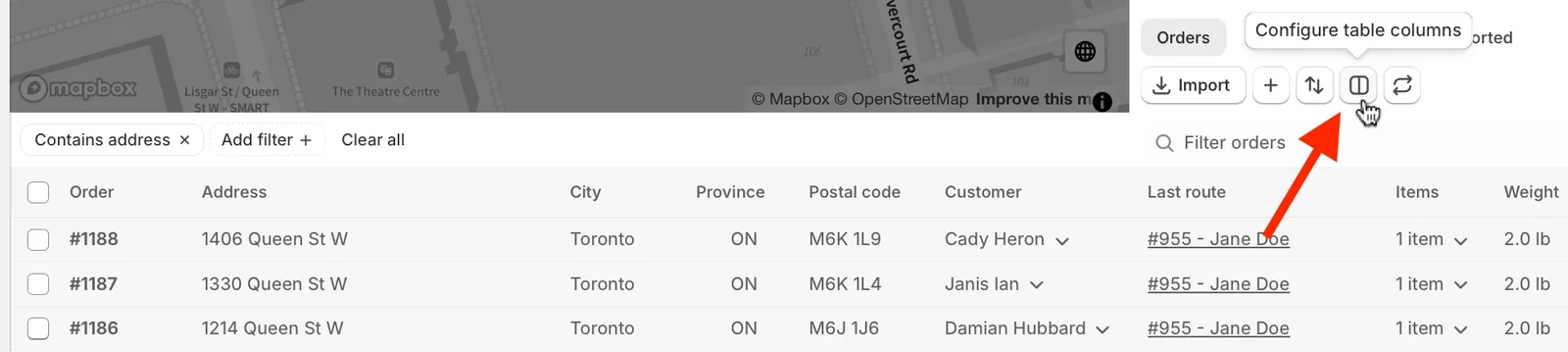 The Orders page with a red arrow pointing to the Configure table columns button beside Import, its tooltip showing above