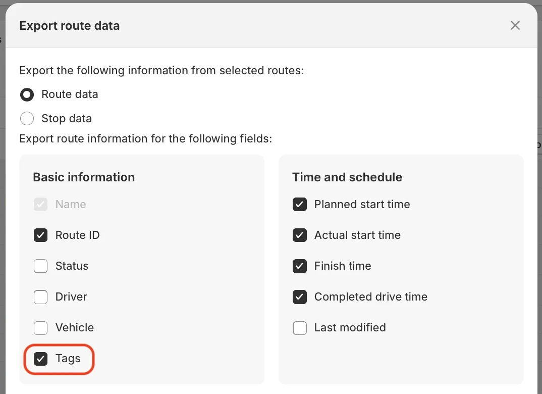 The Export route data dialog with Route data selected and the Tags checkbox circled under Basic information