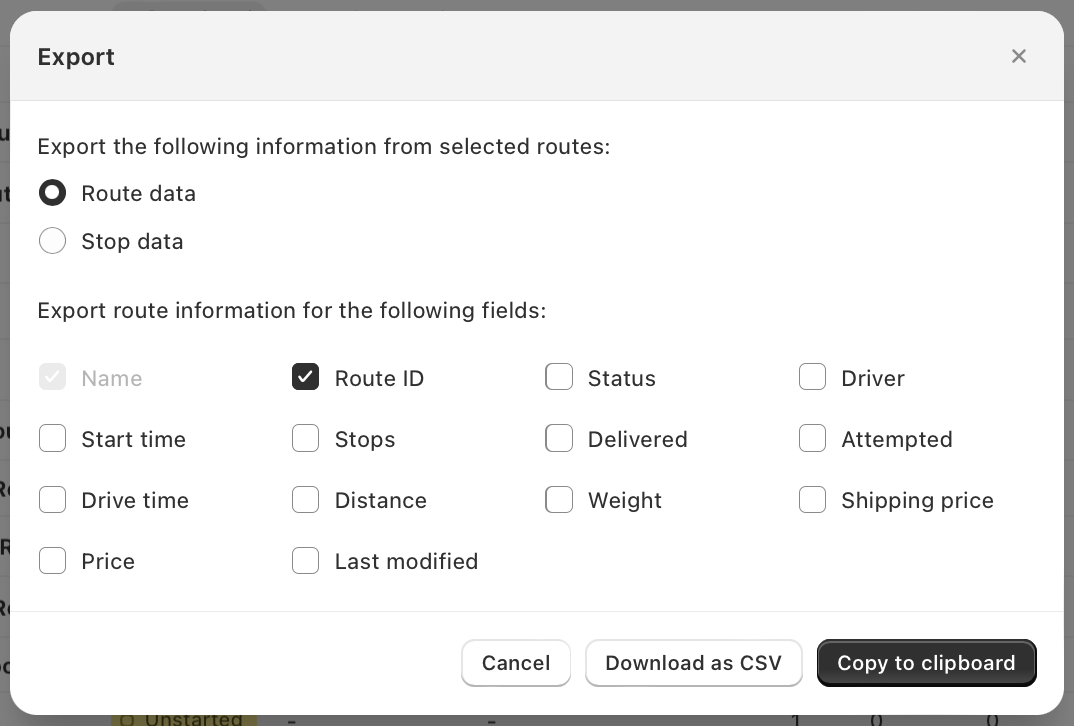 The Export dialog set to Route data, with Route ID ticked beside Name among the route fields and Copy to clipboard and Download as CSV buttons