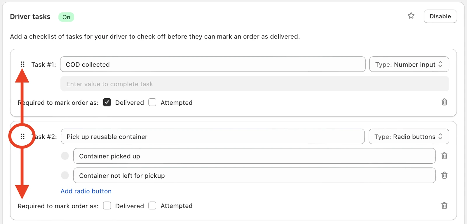 The Driver tasks panel with the drag handle beside Task #2 circled and arrows showing it can move up or down past Task #1, “COD collected”