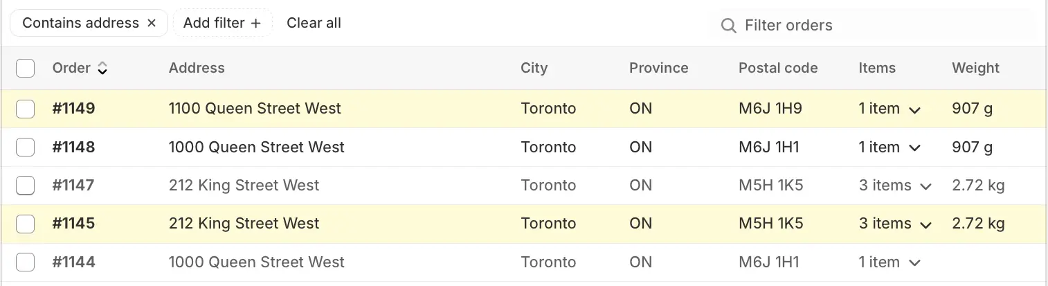 The Orders page table with rows #1149 and #1145 shaded pale yellow to show they are already on the map