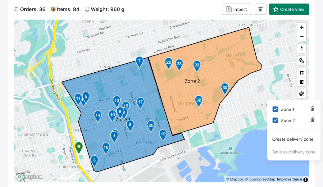 The Orders map with two saved delivery zones shaded blue and orange over Toronto, and a menu listing Zone 1, Zone 2 and Create delivery zone