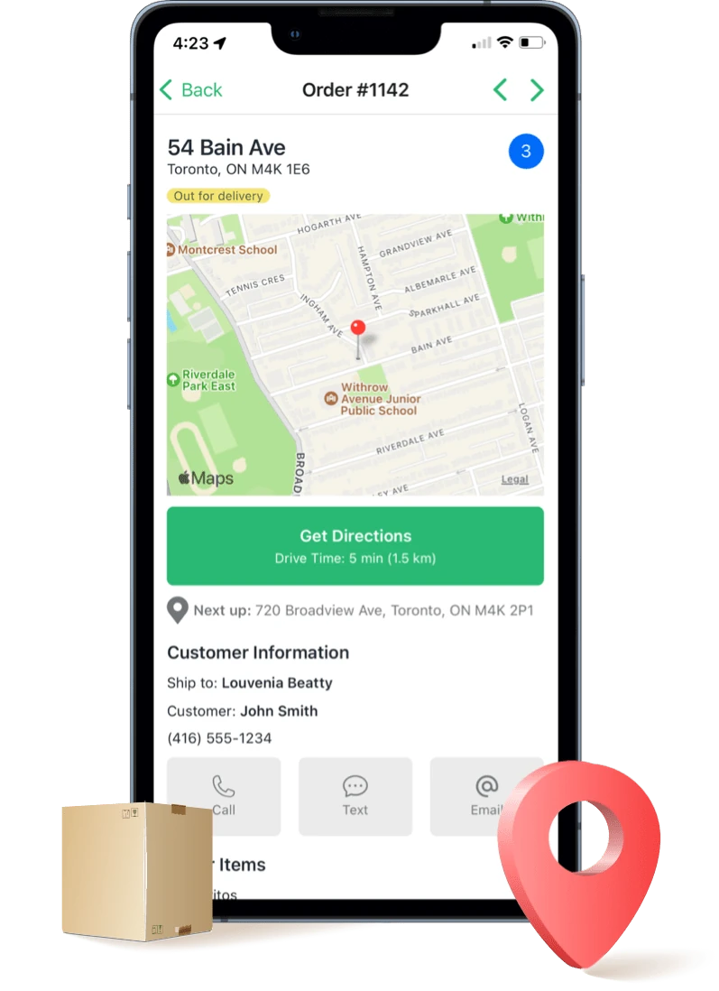 The EasyRoutes Delivery Driver app on a phone showing a stop screen with a map, a Get Directions button with drive time, and customer contact buttons