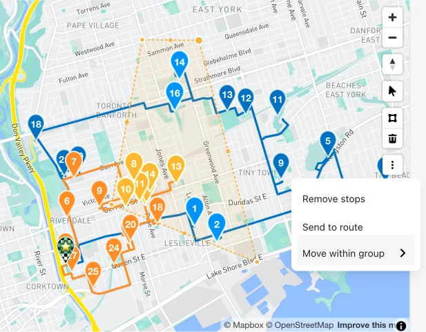A route map with stops selected inside a drawn area and a menu offering Remove stops, Send to route and Move within group