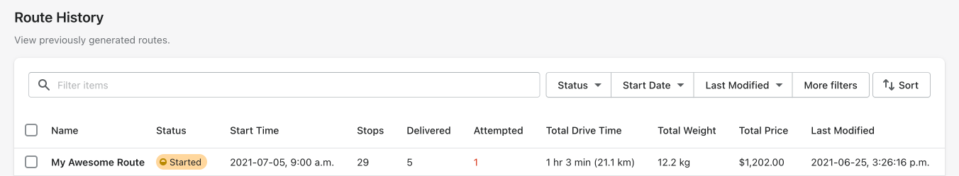 The Route History page with a search box, Status, Start Date, Last Modified and More filters menus, and columns for Start Time, Delivered and Attempted