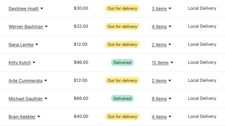 A list of orders on the Select Orders page with a delivery status column showing yellow Out for delivery and green Delivered badges