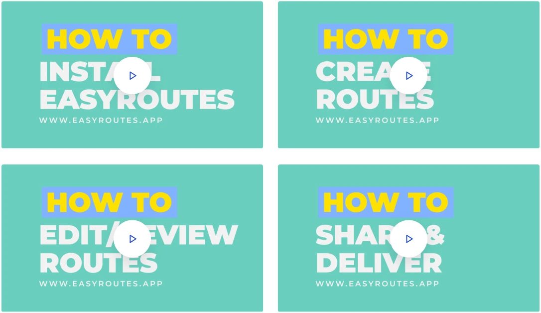 Four teal video thumbnails with play buttons: How to install EasyRoutes, create routes, edit/review routes, and share and deliver