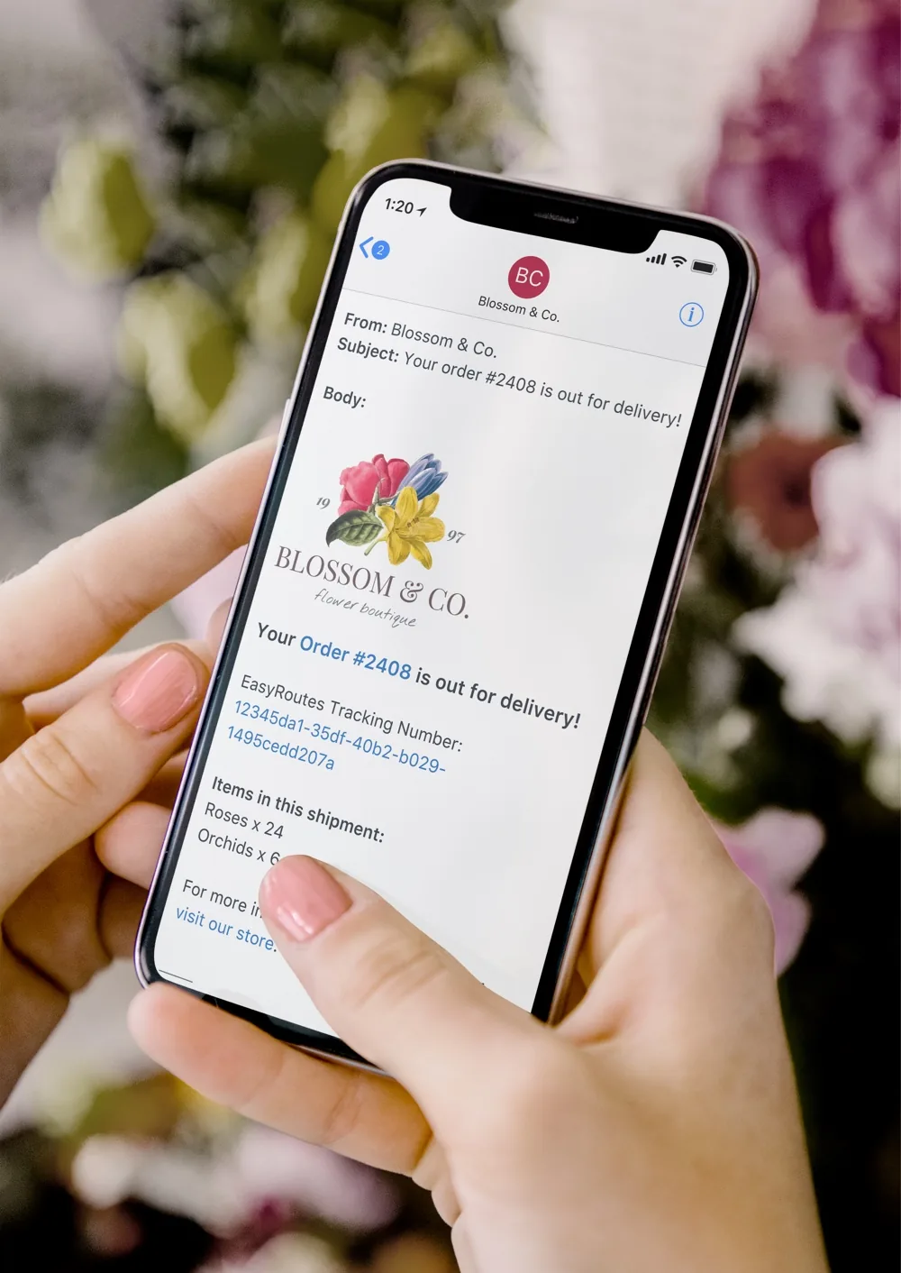 A hand holding a phone showing a Blossom & Co. delivery email with the shop’s floral logo, “Your Order #2408 is out for delivery!” and an EasyRoutes tracking number