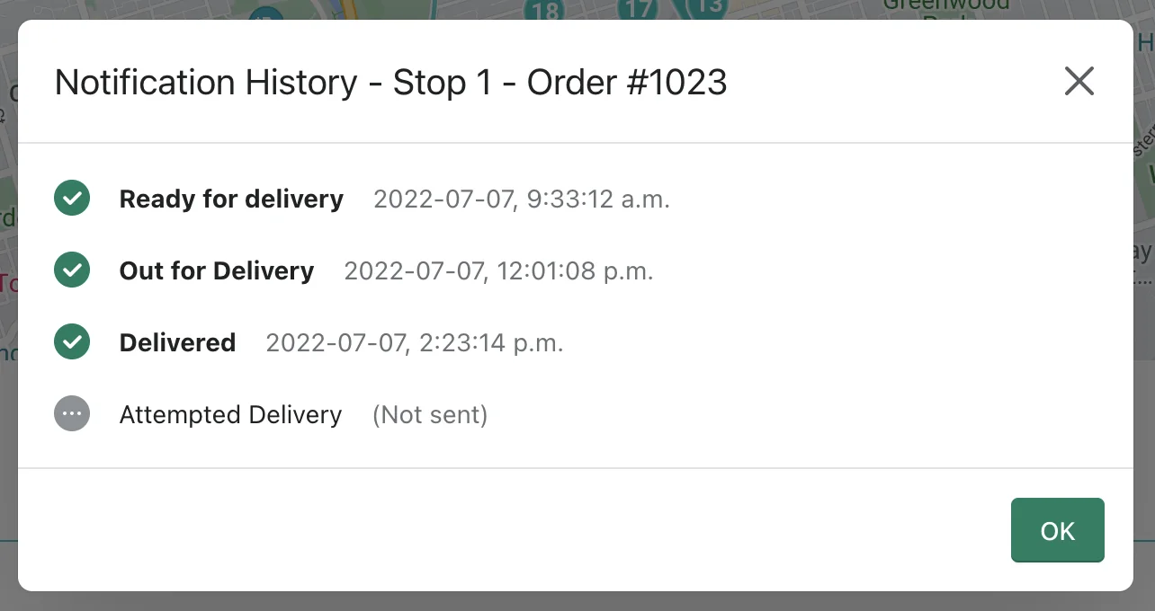 The Notification History dialog for Stop 1, Order #1023, with Ready for delivery, Out for Delivery and Delivered timestamped and Attempted Delivery marked Not sent