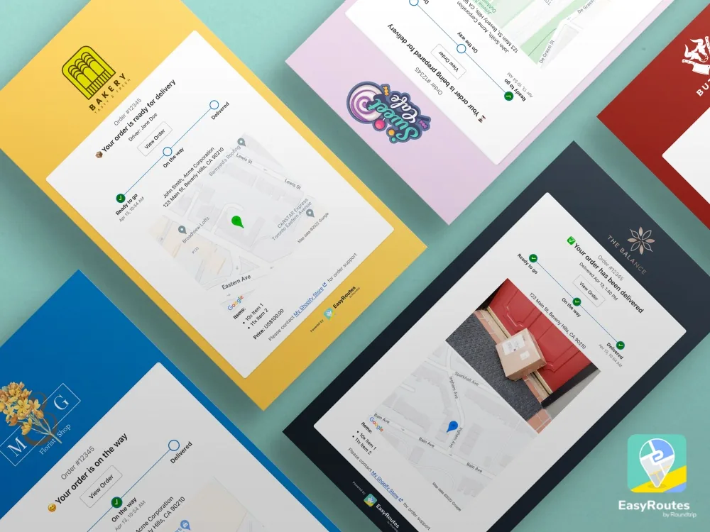 Order tracking pages branded for several different shops, fanned across a teal background, each with its own logo, delivery progress bar and map