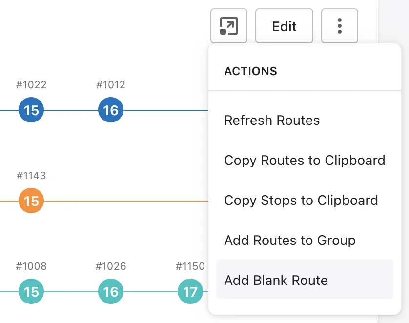The Route Group actions menu opened from the three-dot button, with Add Blank Route highlighted below Refresh Routes, the copy options and Add Routes to Group