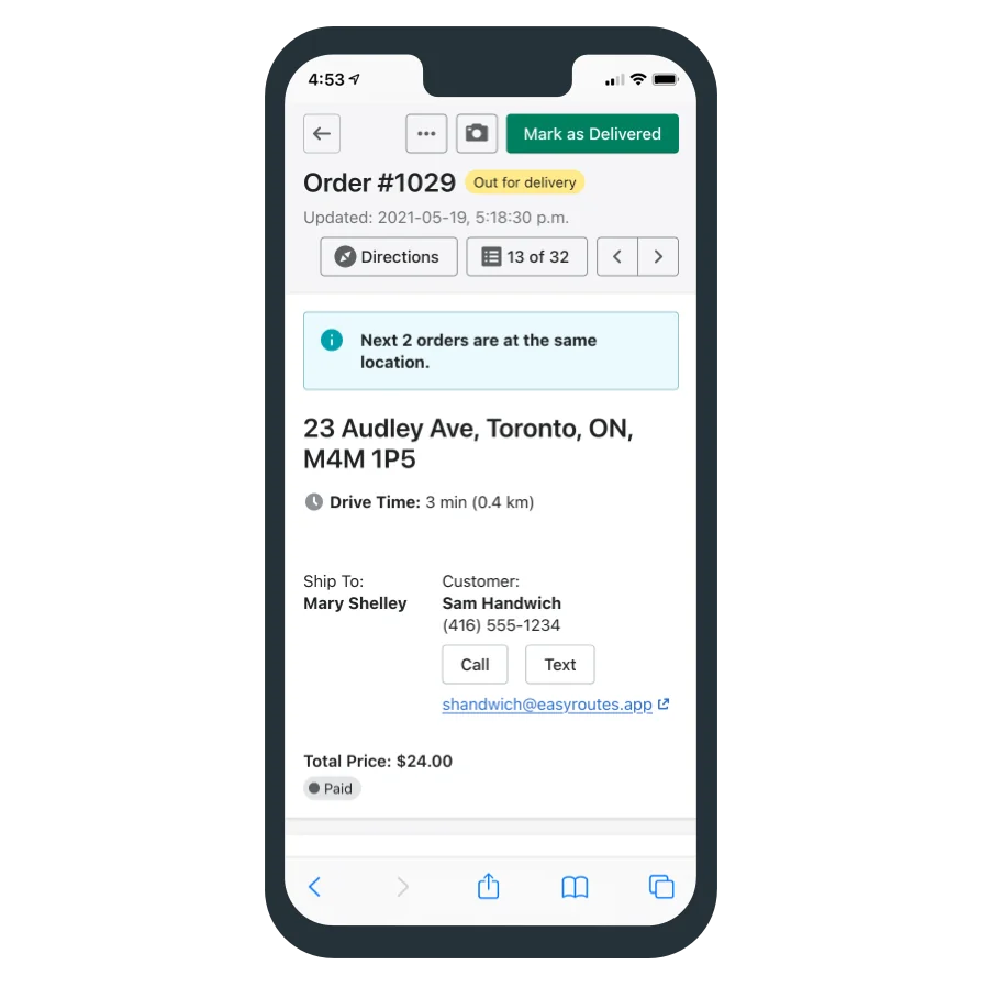 Driver View on a phone showing Order #1029 out for delivery, with a “Next 2 orders are at the same location.” notice above the address