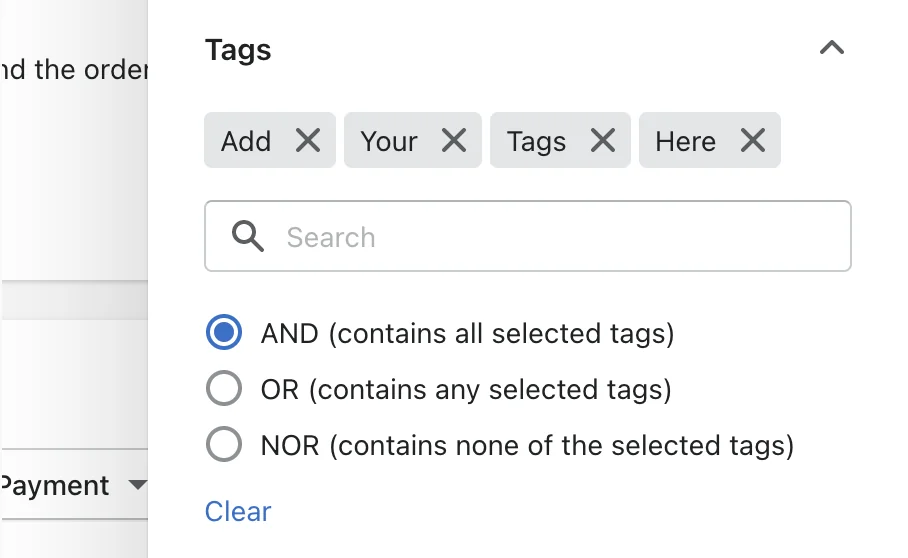 The Tags filter pane with four tags added and AND, OR and NOR options for matching all, any or none of the selected tags