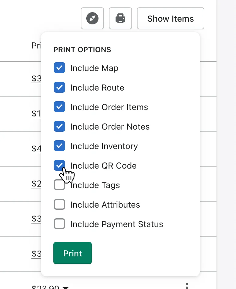 A route’s Print Options menu with the pointer ticking Include QR Code, below Include Map, Include Route and other checked options