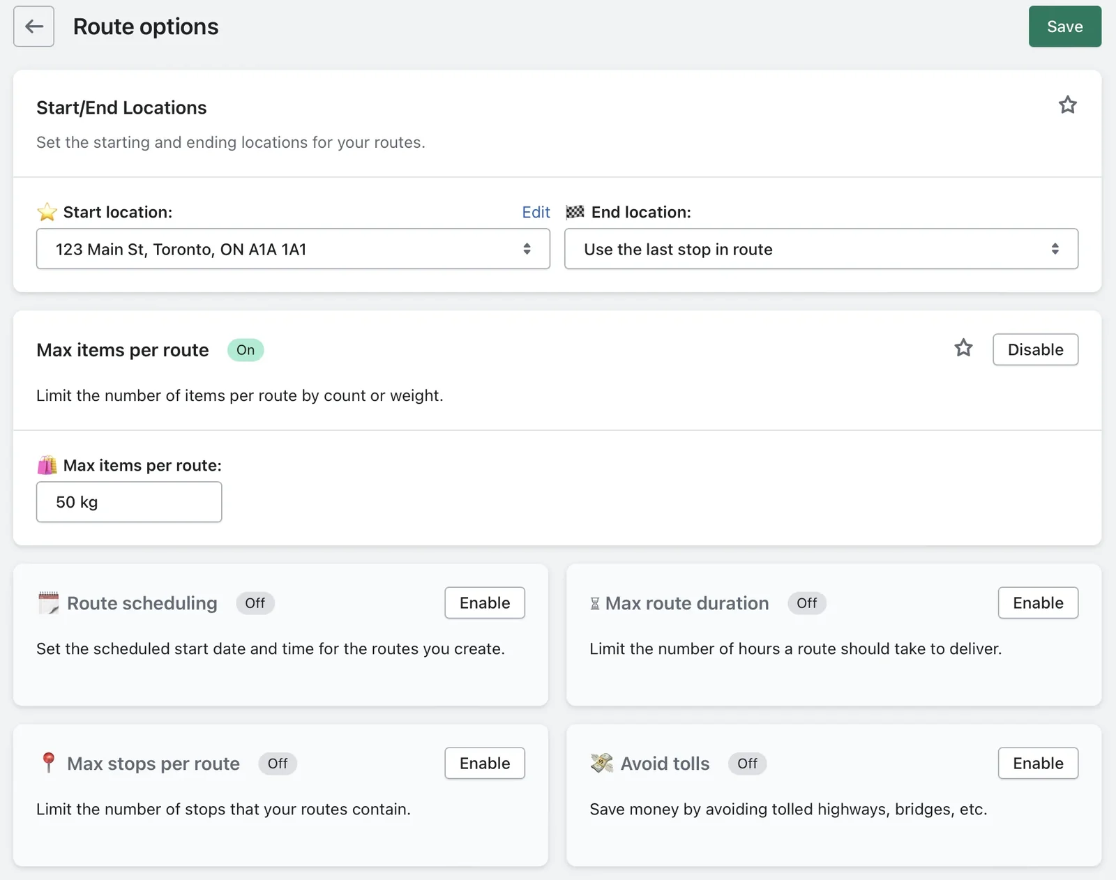 The Route options page with Start/End Locations and Max items per route set to 50 kg, and cards for scheduling, duration, stops and tolls