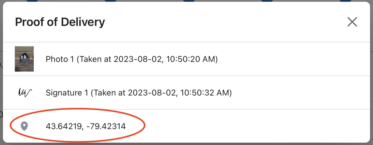 The Proof of Delivery panel listing a photo and a signature with timestamps, and the delivery's GPS coordinates circled