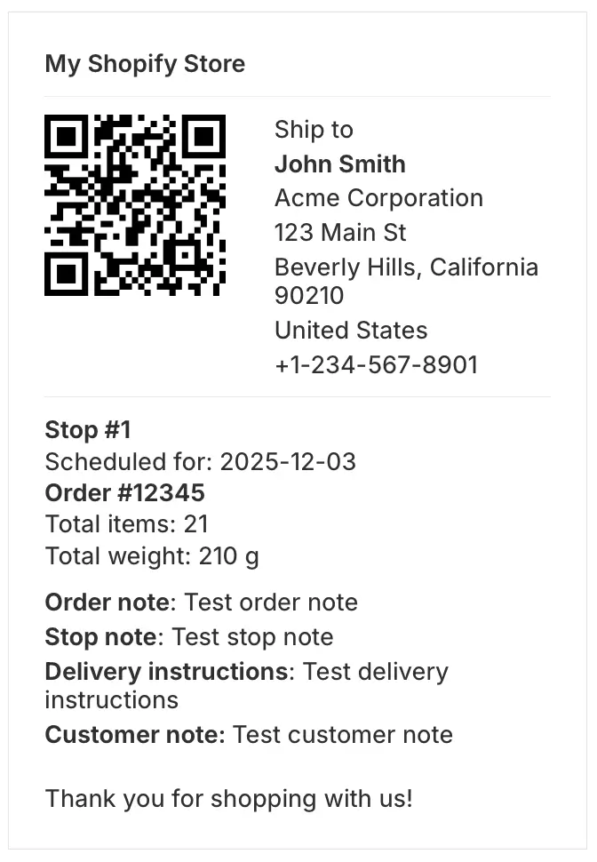 A large format packing label with a QR code beside the ship-to address, followed by stop, order, item and note details