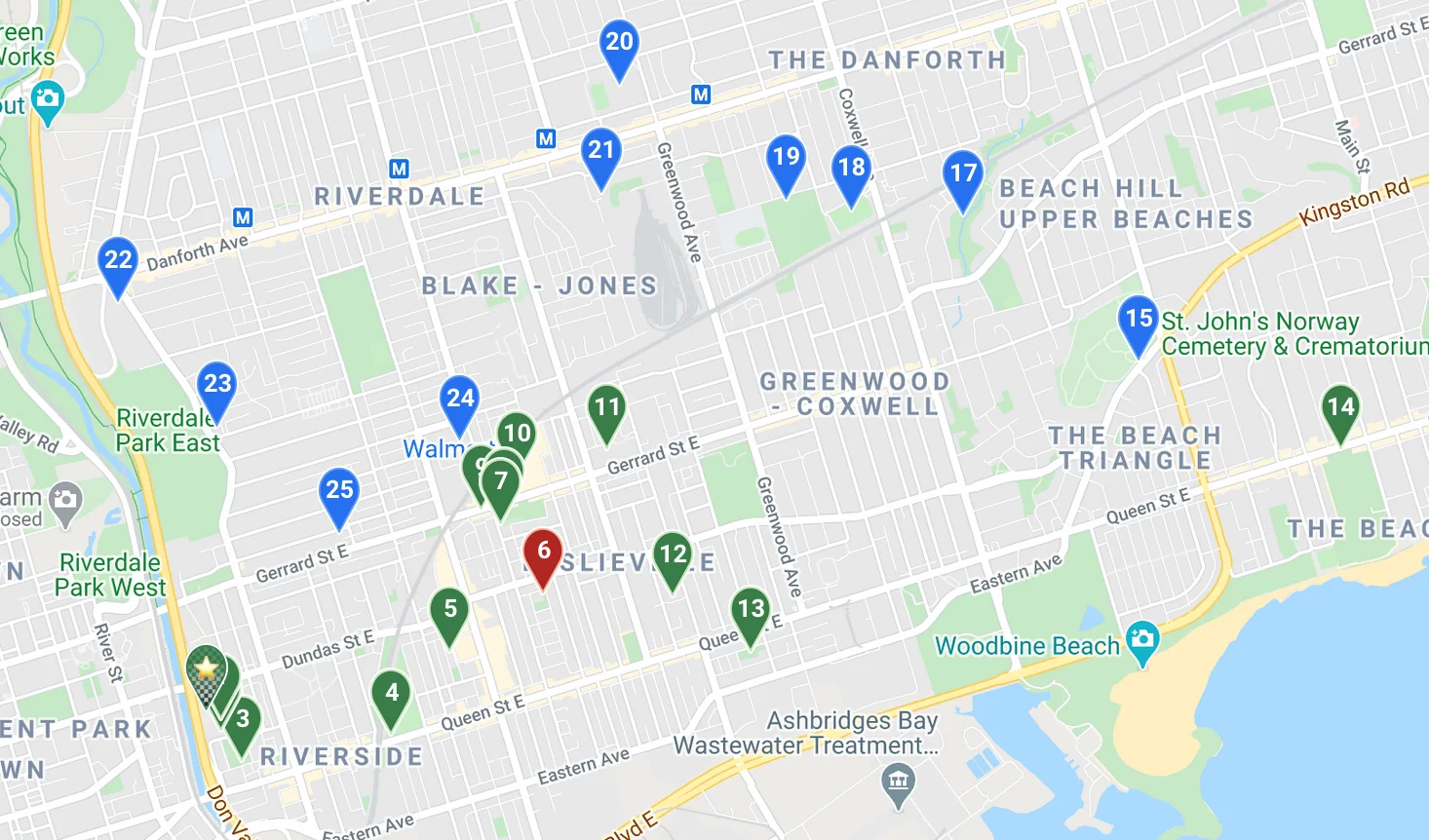 A route map of east Toronto with numbered pins in green, one red and the rest blue, each colour marking a stop’s status