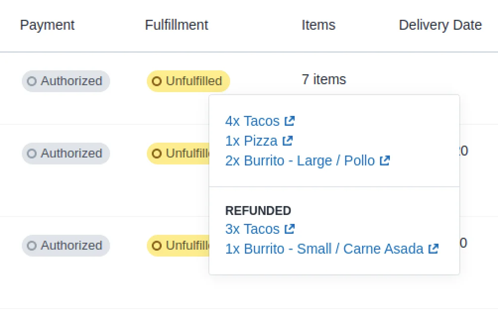 An order’s items pop-over listing 7 items to deliver and, under Refunded, the tacos and burrito that were refunded
