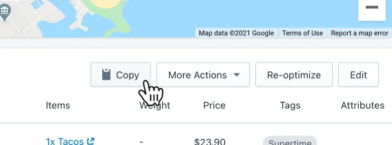 A pointer clicking the Copy button above the stop list, next to More Actions, Re-optimize and Edit