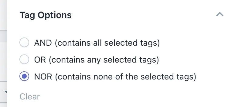 The Tag Options filter with NOR (contains none of the selected tags) selected instead of AND or OR