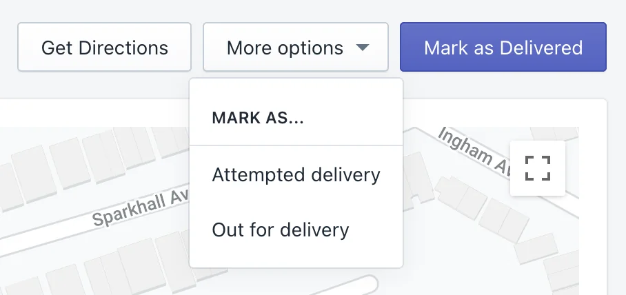 The More options menu in Driver View opened to “Mark as…” Attempted delivery or Out for delivery, beside Mark as Delivered