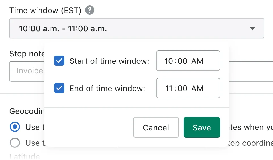 A stop’s Time window (EST) field open, with Start of time window set to 10:00 AM and End of time window to 11:00 AM, and a Save button