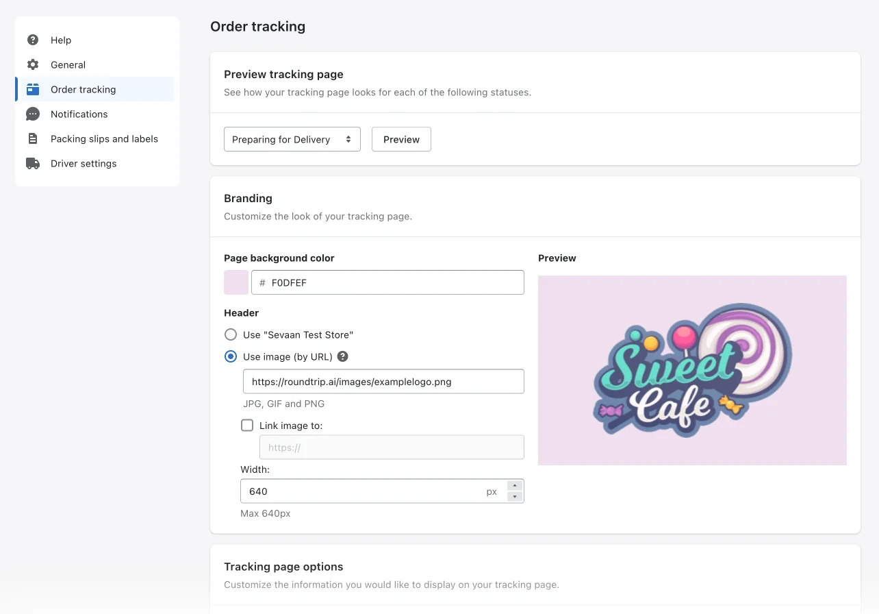 The redesigned EasyRoutes settings on the Order tracking tab, with Driver settings in the sidebar and a Sweet Cafe logo in the Branding preview