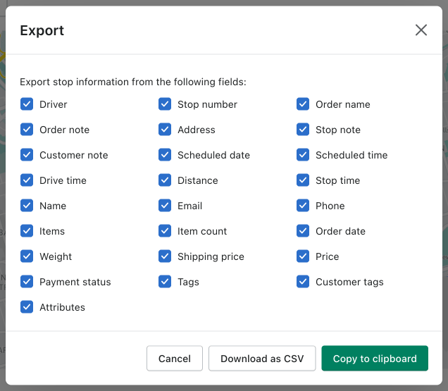 The Export dialog with every stop field ticked, from Driver to Attributes, and Download as CSV and Copy to clipboard buttons
