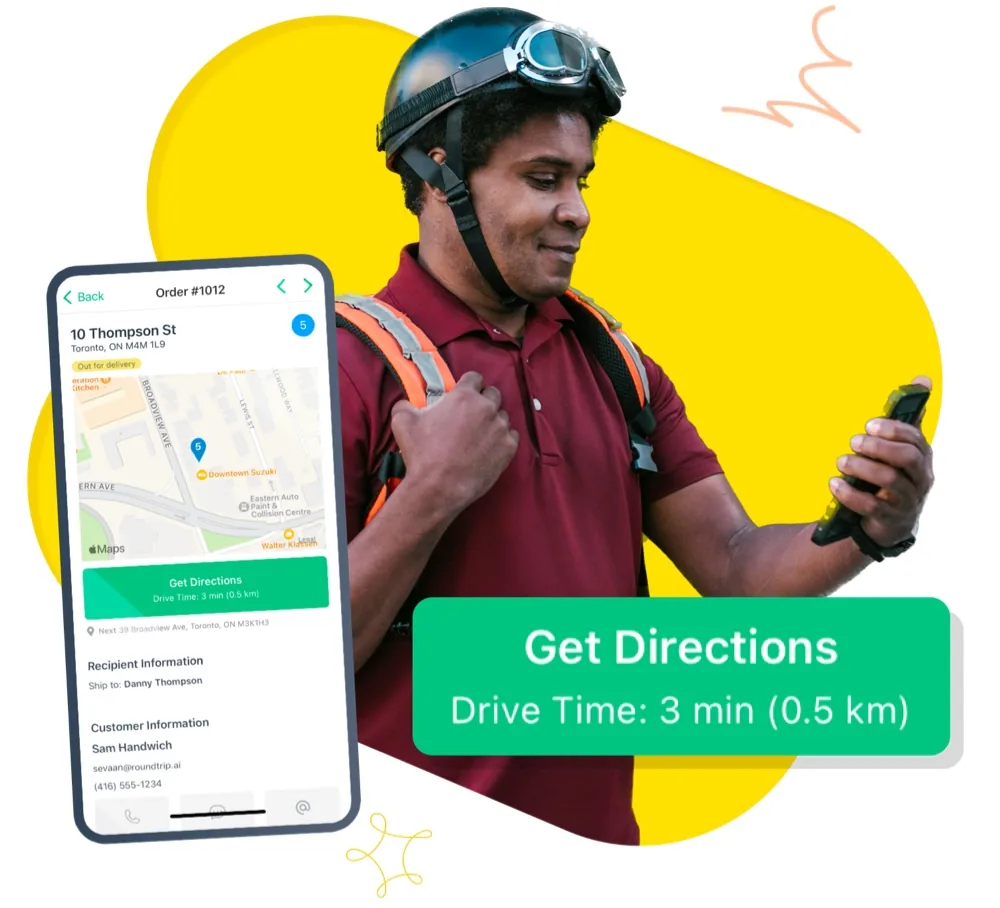 A delivery driver in a helmet checking a phone, beside the EasyRoutes driver app’s stop screen with a Get Directions button showing a 3 min (0.5 km) drive
