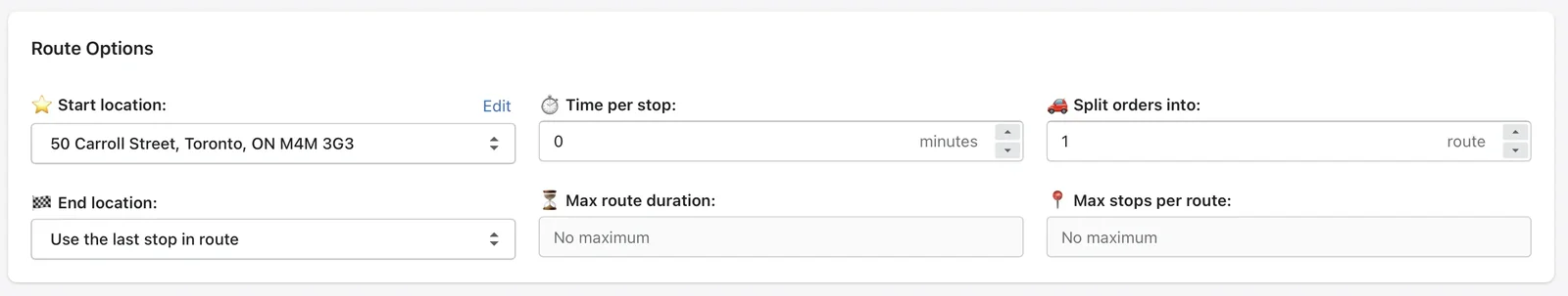 The Route Options panel with a Start location drop-down and Edit link, and End location set to Use the last stop in route
