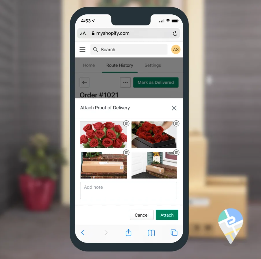 Driver View on a phone showing the Attach Proof of Delivery window for an order, with four photos of roses and packages on doorsteps and an Add note field