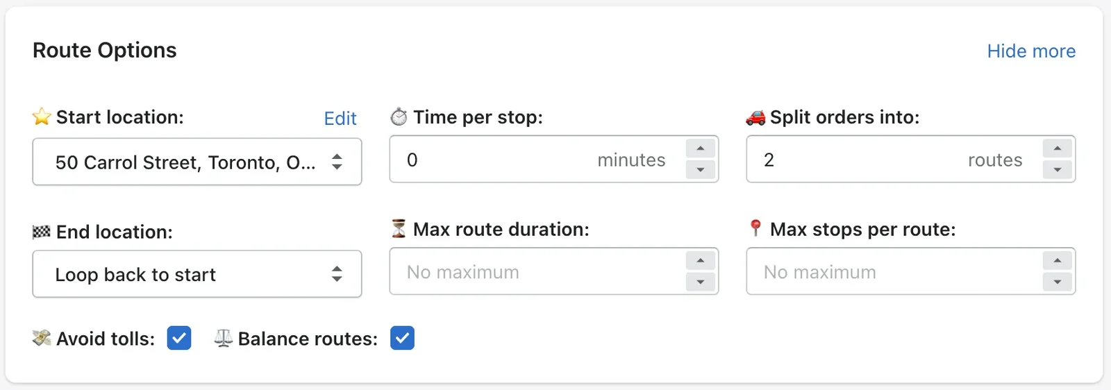 The Route Options panel with start and end location drop-downs, Split orders into set to 2 routes, and Avoid tolls and Balance routes both ticked