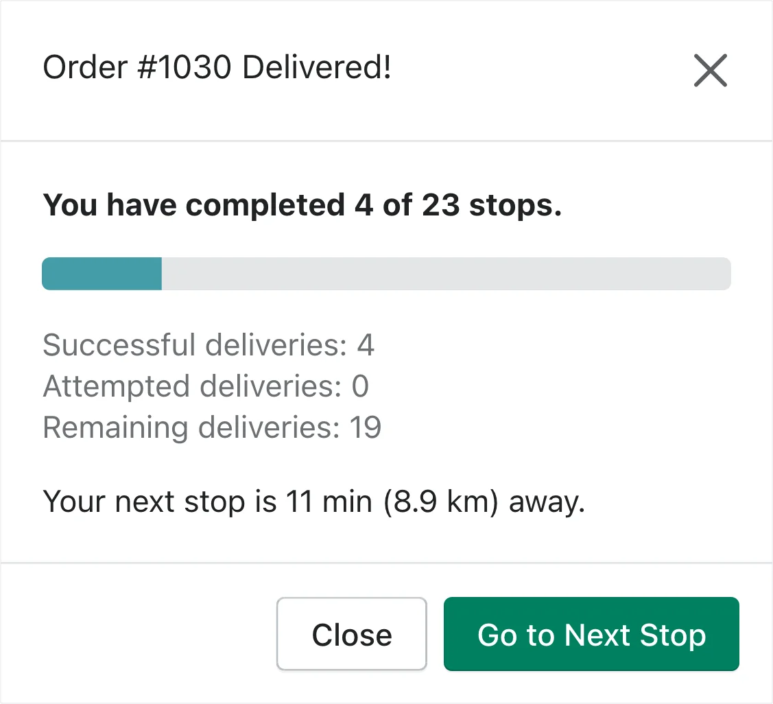 The Driver View progress window after an order is delivered, showing 4 of 23 stops completed, a progress bar, and a Go to Next Stop button