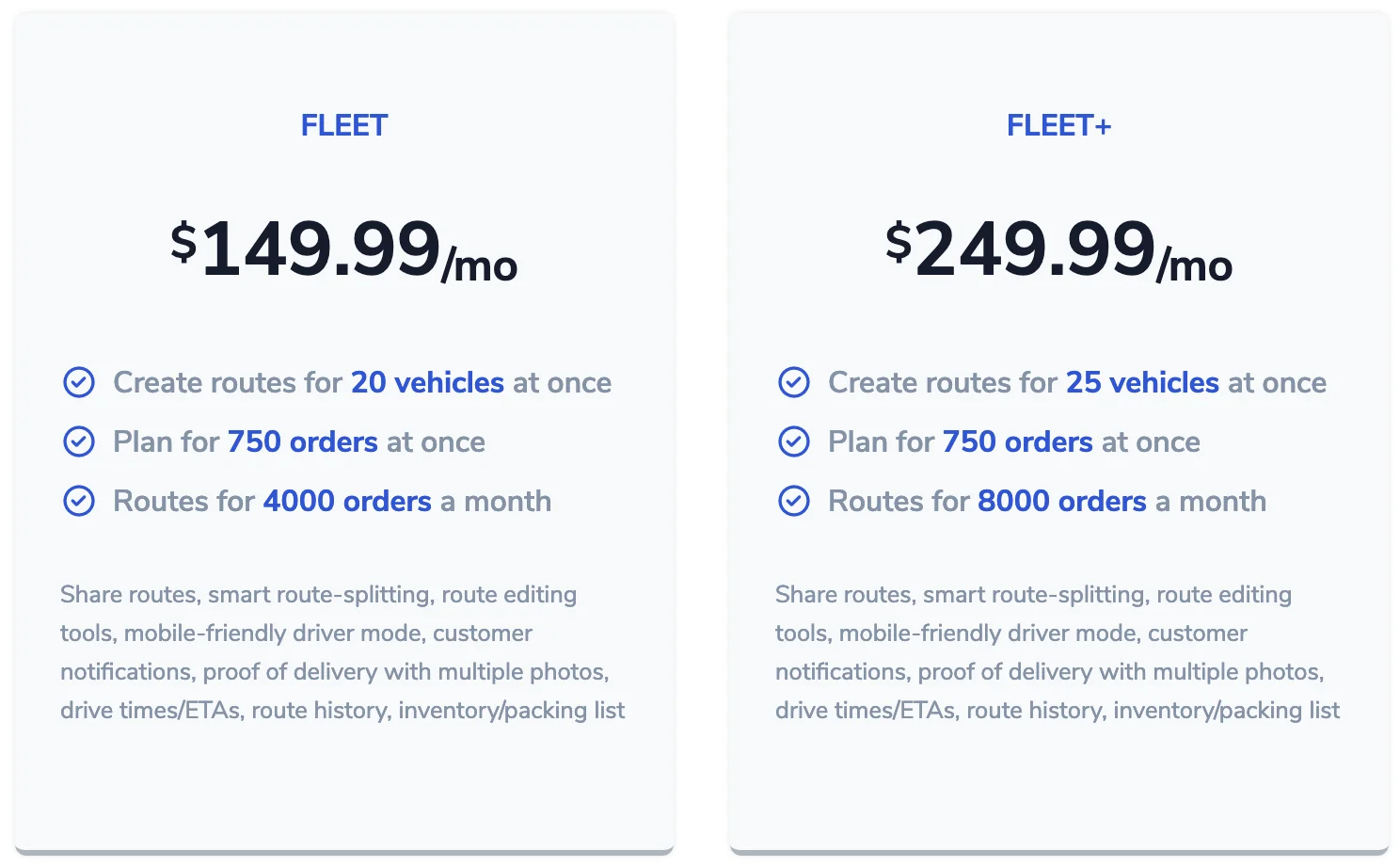 Pricing cards for the new FLEET plan at $149.99/mo for 20 vehicles and FLEET+ at $249.99/mo for 25 vehicles, each planning 750 orders at once