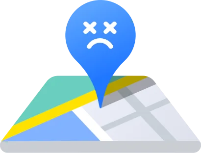 An illustration of a blue map pin with crossed-out eyes and a frown over a folded map, from the new error pages