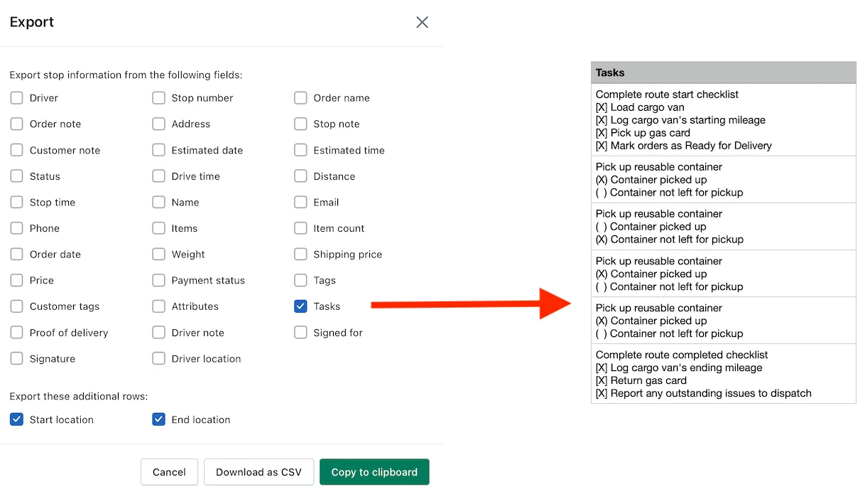 The route Export dialog with Tasks ticked and an arrow to the exported Tasks column listing checklist and container pickup results