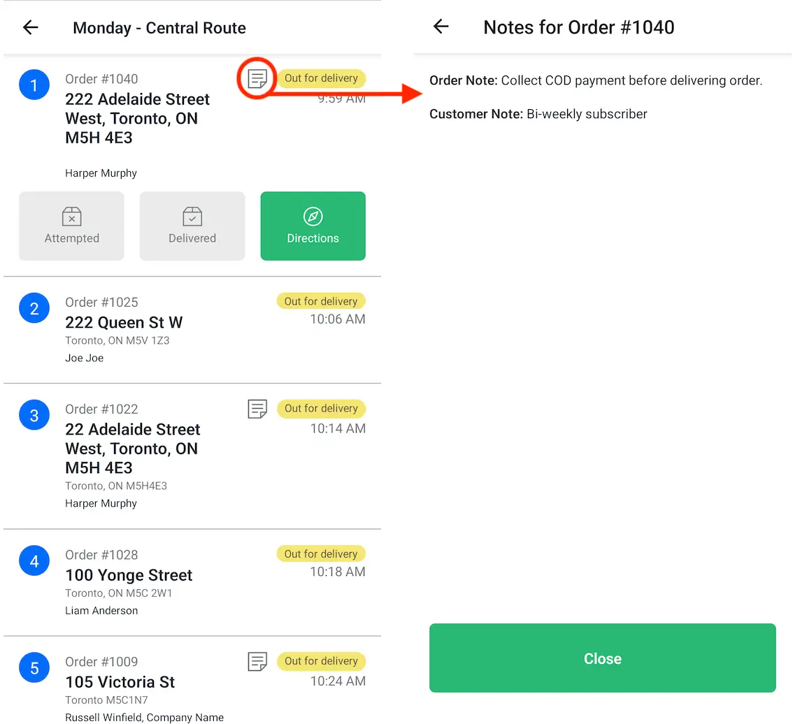 The stop list in the EasyRoutes driver app with a stop’s note icon circled and an arrow to its Notes screen showing an Order Note and a Customer Note