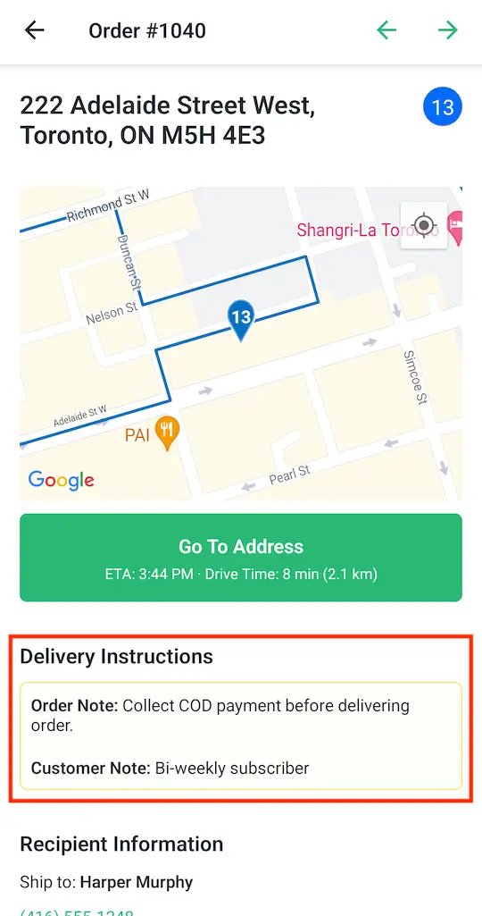 A stop screen in the EasyRoutes driver app with the Delivery Instructions box outlined in red just below the map and Go To Address button