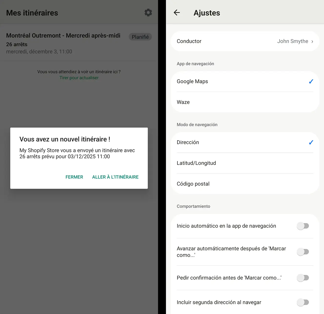 Two EasyRoutes Delivery Driver screens side by side: a new-route alert in French and the settings screen in Spanish