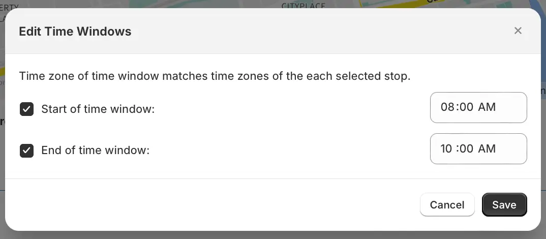 The Edit Time Windows modal with Start of time window ticked at 08:00 AM, End of time window ticked at 10:00 AM, and a Save button