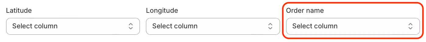 The CSV import mapping fields for Latitude and Longitude, with the new Order name column selector highlighted beside them