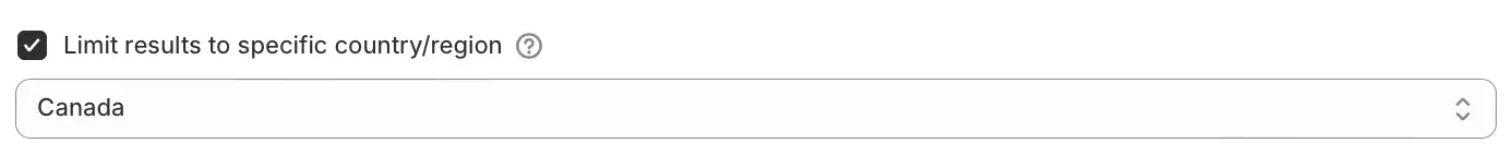 The Limit results to specific country/region checkbox ticked, with Canada chosen in the dropdown below it